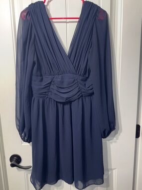 ASOS Mini Dress Navy Blue Chiffon Ruched Empire Waist Sheer Long Sleeve US 12
